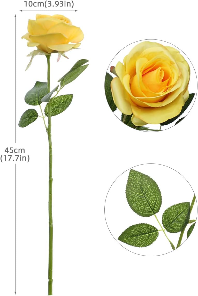12 Pcs Yellow Flowers Artificial Roses Fake Flowers with Long Stem Silk Roses Faux Roses for Wedding Bouquet Bridal Shower Party Home Table Centerpieces DIY Florals Decoration