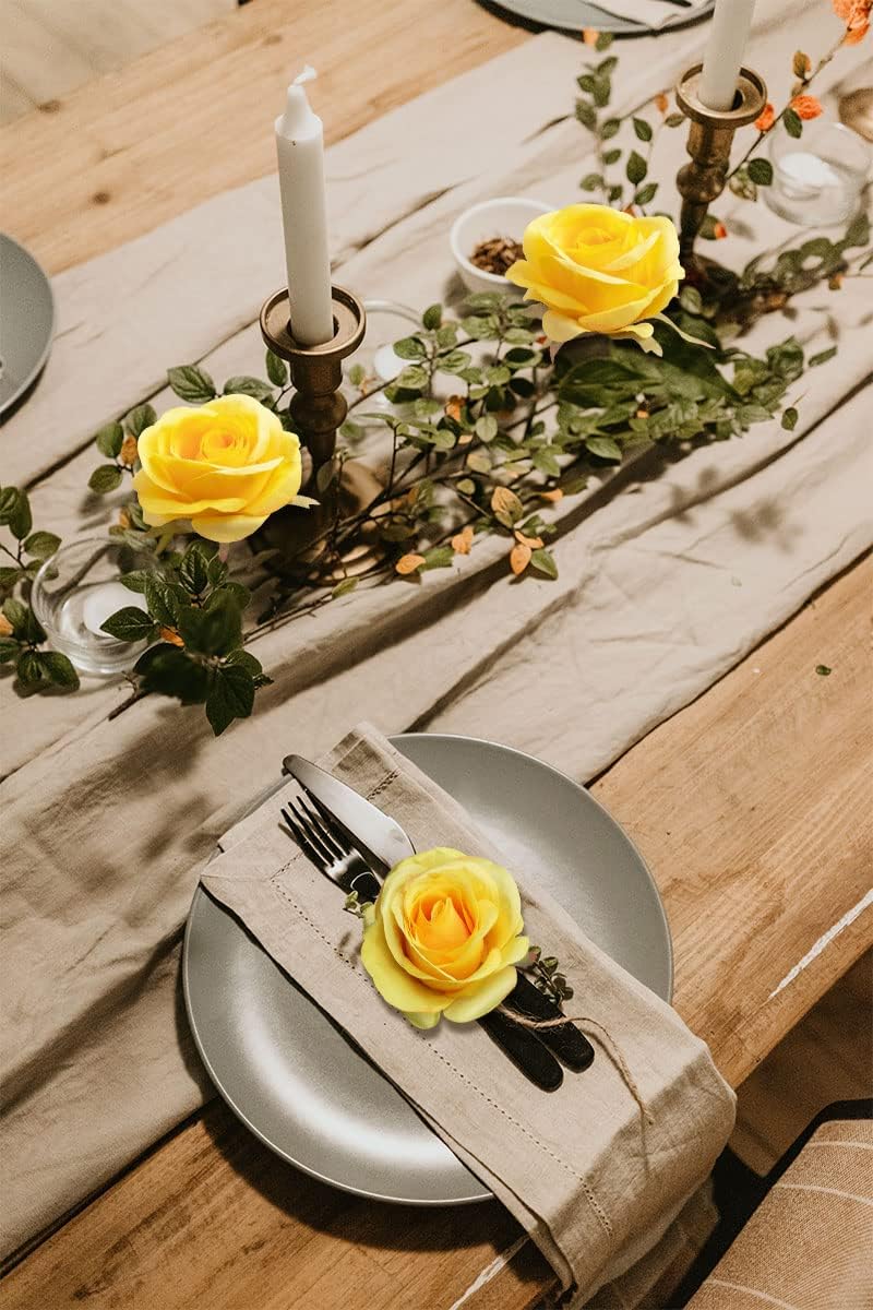 12 Pcs Yellow Flowers Artificial Roses Fake Flowers with Long Stem Silk Roses Faux Roses for Wedding Bouquet Bridal Shower Party Home Table Centerpieces DIY Florals Decoration