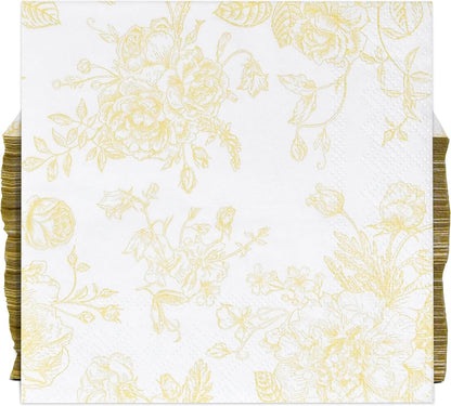 Yellow Floral Cocktail Napkins 100 Pack Spring Beverage Party | Disposable 3 Ply Paper Napkins With Elegant Yellow Floral Design for Weddings, Birthdays, Showers, Holidays, and Desserts.