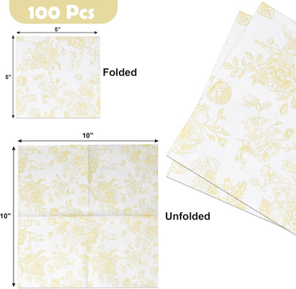 Yellow Floral Cocktail Napkins 100 Pack Spring Beverage Party | Disposable 3 Ply Paper Napkins With Elegant Yellow Floral Design for Weddings, Birthdays, Showers, Holidays, and Desserts.