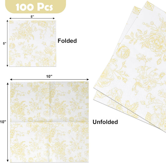 Yellow Floral Cocktail Napkins 100 Pack Spring Beverage Party | Disposable 3 Ply Paper Napkins With Elegant Yellow Floral Design for Weddings, Birthdays, Showers, Holidays, and Desserts.