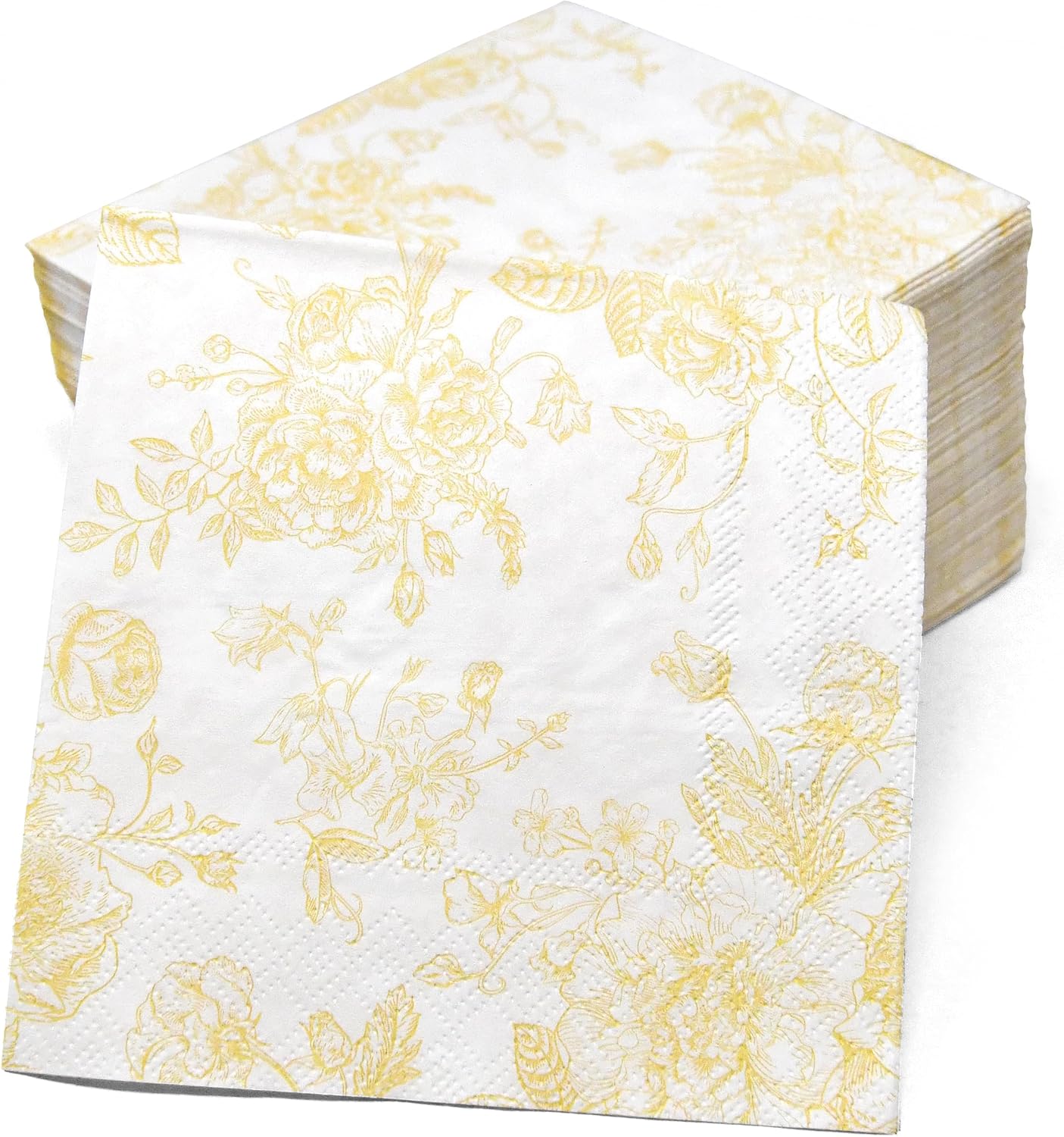 Yellow Floral Cocktail Napkins 100 Pack Spring Beverage Party | Disposable 3 Ply Paper Napkins With Elegant Yellow Floral Design for Weddings, Birthdays, Showers, Holidays, and Desserts.