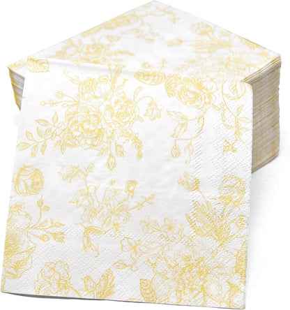 Yellow Floral Cocktail Napkins 100 Pack Spring Beverage Party | Disposable 3 Ply Paper Napkins With Elegant Yellow Floral Design for Weddings, Birthdays, Showers, Holidays, and Desserts.