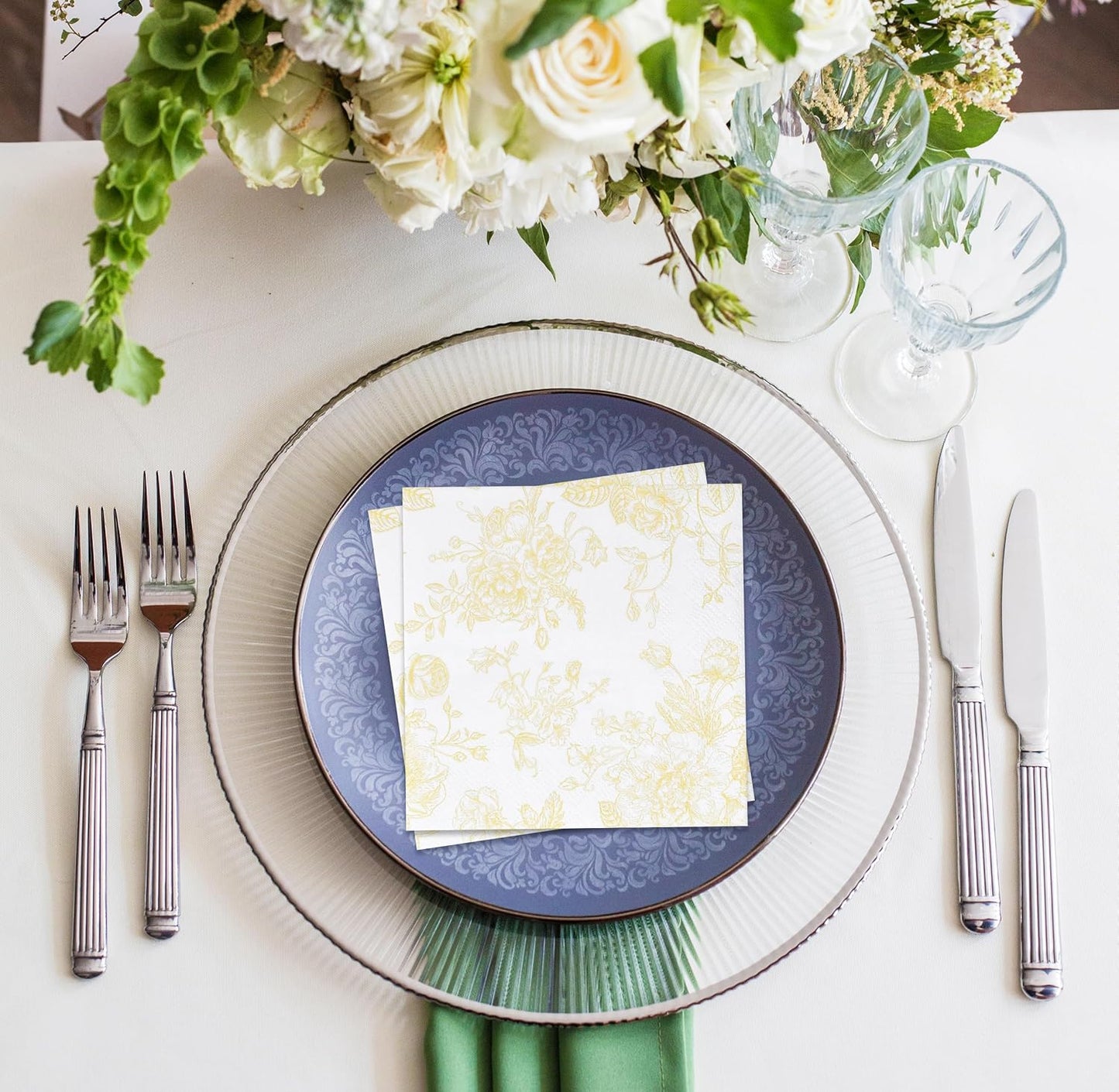 Yellow Floral Cocktail Napkins 100 Pack Spring Beverage Party | Disposable 3 Ply Paper Napkins With Elegant Yellow Floral Design for Weddings, Birthdays, Showers, Holidays, and Desserts.