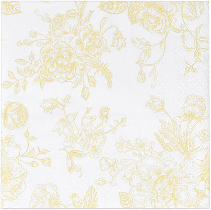 Yellow Floral Cocktail Napkins 100 Pack Spring Beverage Party | Disposable 3 Ply Paper Napkins With Elegant Yellow Floral Design for Weddings, Birthdays, Showers, Holidays, and Desserts.