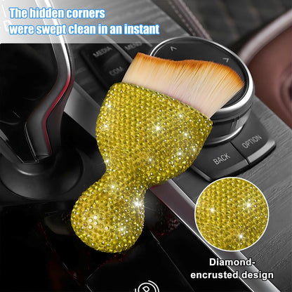 Rhinestone Car Detailing Brush with Soft Bristles, Yellow | ABS handle, ergonomic grip, reaches vents dashboards and console gaps, tap-clean care, interior cleaning tool