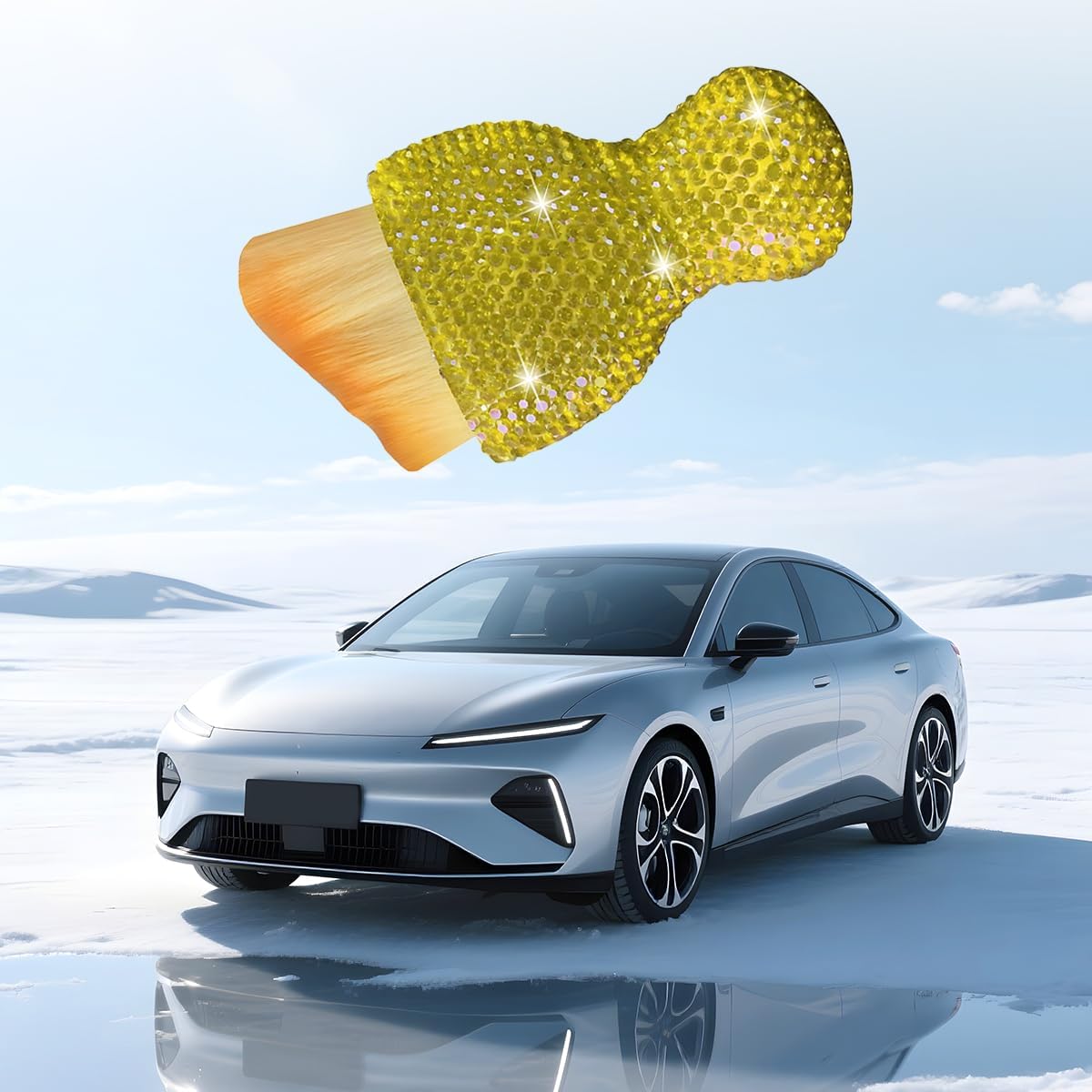 Rhinestone Car Detailing Brush with Soft Bristles, Yellow | ABS handle, ergonomic grip, reaches vents dashboards and console gaps, tap-clean care, interior cleaning tool