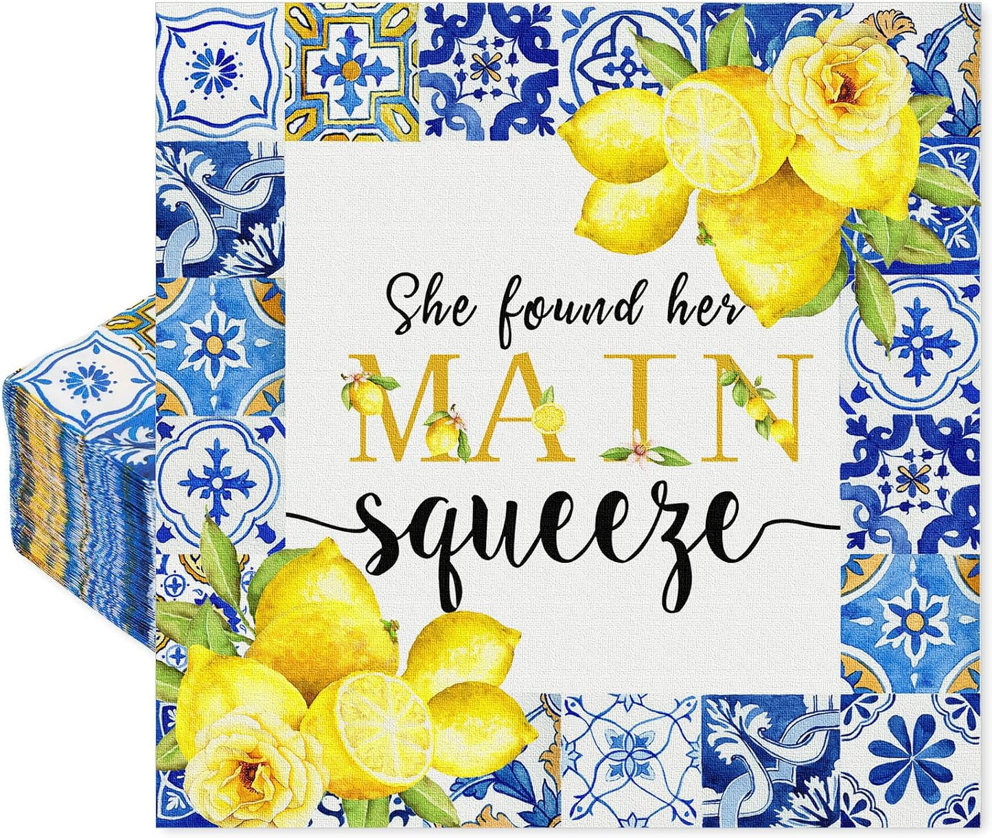 80Pcs Blue Tiles Lemon Paper Napkins She Found Her Main Squeeze Disposable Luncheon Napkins Dessert Dinner Hand Napkin for Summer Bridal Shower Bachelorette Party Supplies Decoration