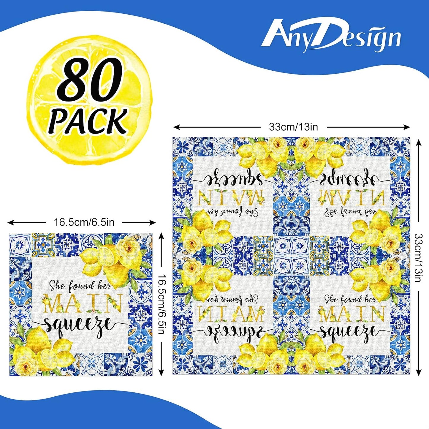 80Pcs Blue Tiles Lemon Paper Napkins She Found Her Main Squeeze Disposable Luncheon Napkins Dessert Dinner Hand Napkin for Summer Bridal Shower Bachelorette Party Supplies Decoration