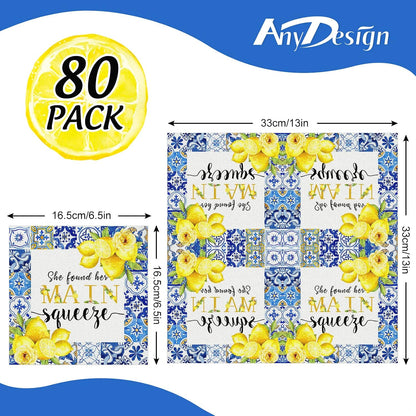 80Pcs Blue Tiles Lemon Paper Napkins She Found Her Main Squeeze Disposable Luncheon Napkins Dessert Dinner Hand Napkin for Summer Bridal Shower Bachelorette Party Supplies Decoration