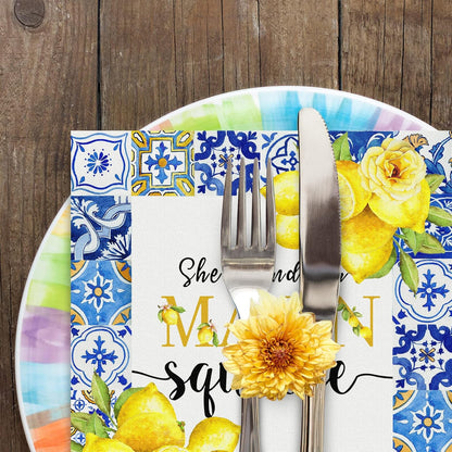 80Pcs Blue Tiles Lemon Paper Napkins She Found Her Main Squeeze Disposable Luncheon Napkins Dessert Dinner Hand Napkin for Summer Bridal Shower Bachelorette Party Supplies Decoration