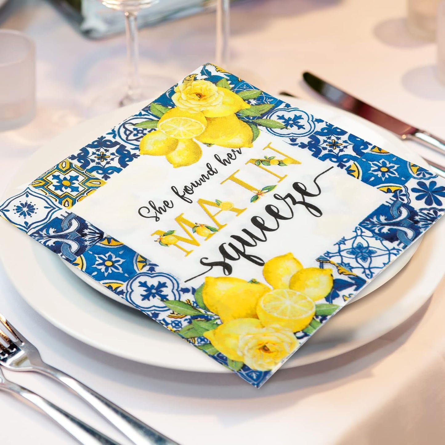 80Pcs Blue Tiles Lemon Paper Napkins She Found Her Main Squeeze Disposable Luncheon Napkins Dessert Dinner Hand Napkin for Summer Bridal Shower Bachelorette Party Supplies Decoration