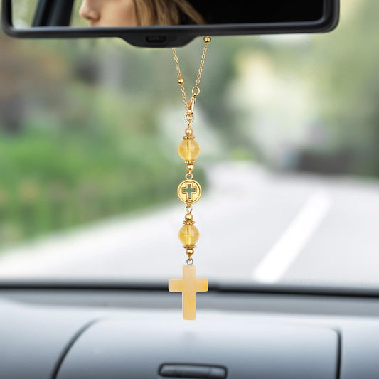 Citrine Cross Car Hanging Ornament for Rear View Mirror | Natural Stone Car Mirror Hanging Decor with Gold Chain, Handmade Auto Accessory for Women and Men