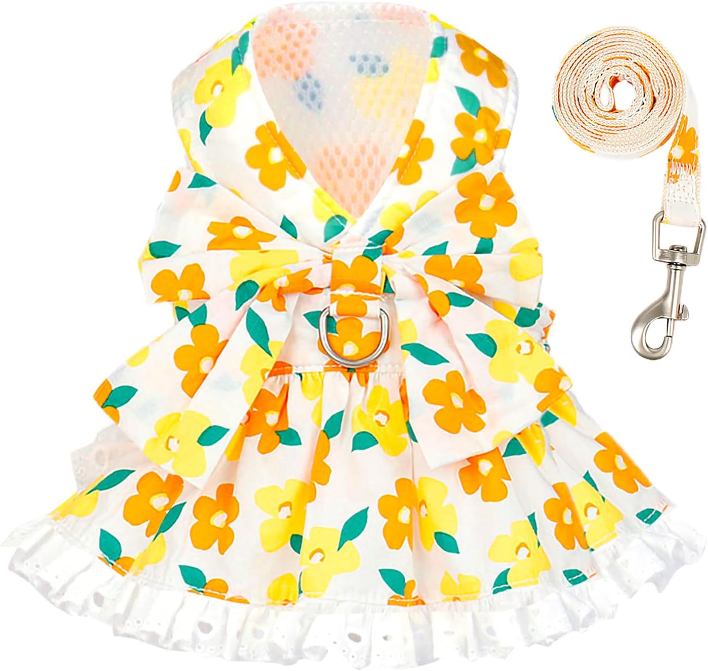 Dog Harness Dress Leash Set for Small Dog Summer Clothes Girl Female Puppy Cats Outfits Cute Floral Bowknot Princess Birthday Dress for Extra Small Pet Doggie Kitten Outfits Apparel(Yellow,XS)