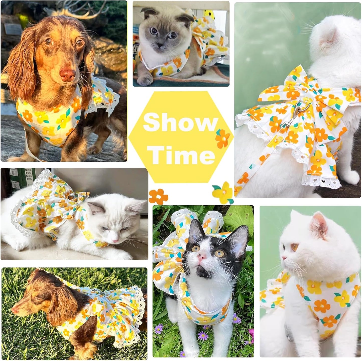 Dog Harness Dress Leash Set for Small Dog Summer Clothes Girl Female Puppy Cats Outfits Cute Floral Bowknot Princess Birthday Dress for Extra Small Pet Doggie Kitten Outfits Apparel(Yellow,XS)