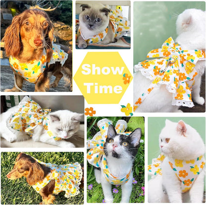 Dog Harness Dress Leash Set for Small Dog Summer Clothes Girl Female Puppy Cats Outfits Cute Floral Bowknot Princess Birthday Dress for Extra Small Pet Doggie Kitten Outfits Apparel(Yellow,XS)