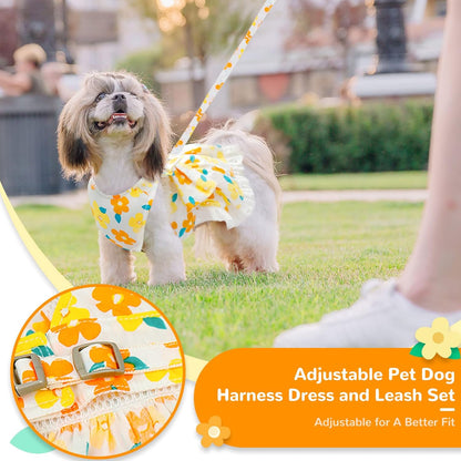 Dog Harness Dress Leash Set for Small Dog Summer Clothes Girl Female Puppy Cats Outfits Cute Floral Bowknot Princess Birthday Dress for Extra Small Pet Doggie Kitten Outfits Apparel(Yellow,XS)