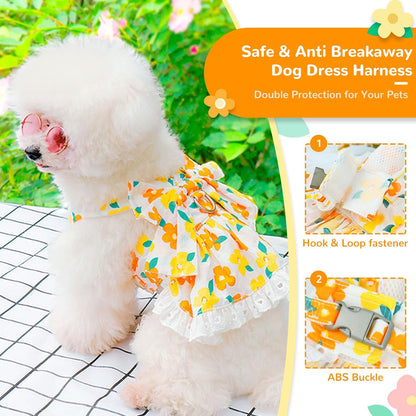 Dog Harness Dress Leash Set for Small Dog Summer Clothes Girl Female Puppy Cats Outfits Cute Floral Bowknot Princess Birthday Dress for Extra Small Pet Doggie Kitten Outfits Apparel(Yellow,XS)