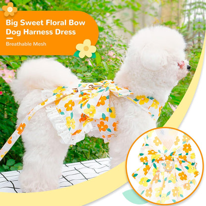 Dog Harness Dress Leash Set for Small Dog Summer Clothes Girl Female Puppy Cats Outfits Cute Floral Bowknot Princess Birthday Dress for Extra Small Pet Doggie Kitten Outfits Apparel(Yellow,XS)