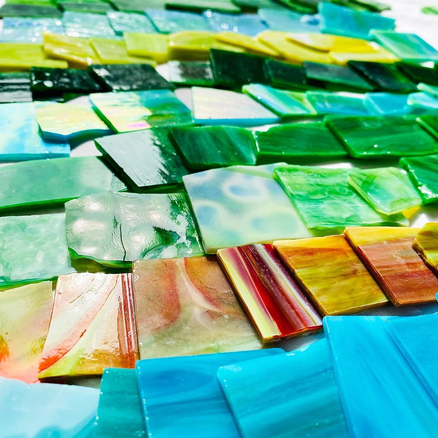 Stained Glass Scraps Sheets, Mosaic Tiles for Crafts, Glass Mosaic Pieces Supplies Kit, Mixed Red Orange Yellow Colors and Shapes, 35oz Value Pack