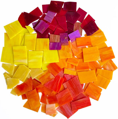 Stained Glass Scraps Sheets, Mosaic Tiles for Crafts, Glass Mosaic Pieces Supplies Kit, Mixed Red Orange Yellow Colors and Shapes, 35oz Value Pack