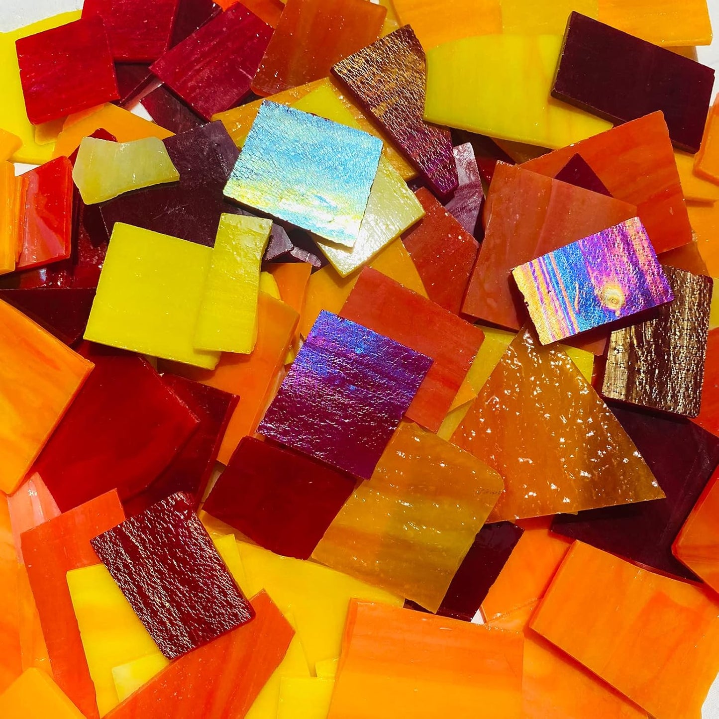 Stained Glass Scraps Sheets, Mosaic Tiles for Crafts, Glass Mosaic Pieces Supplies Kit, Mixed Red Orange Yellow Colors and Shapes, 35oz Value Pack