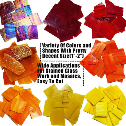 Stained Glass Scraps Sheets, Mosaic Tiles for Crafts, Glass Mosaic Pieces Supplies Kit, Mixed Red Orange Yellow Colors and Shapes, 35oz Value Pack