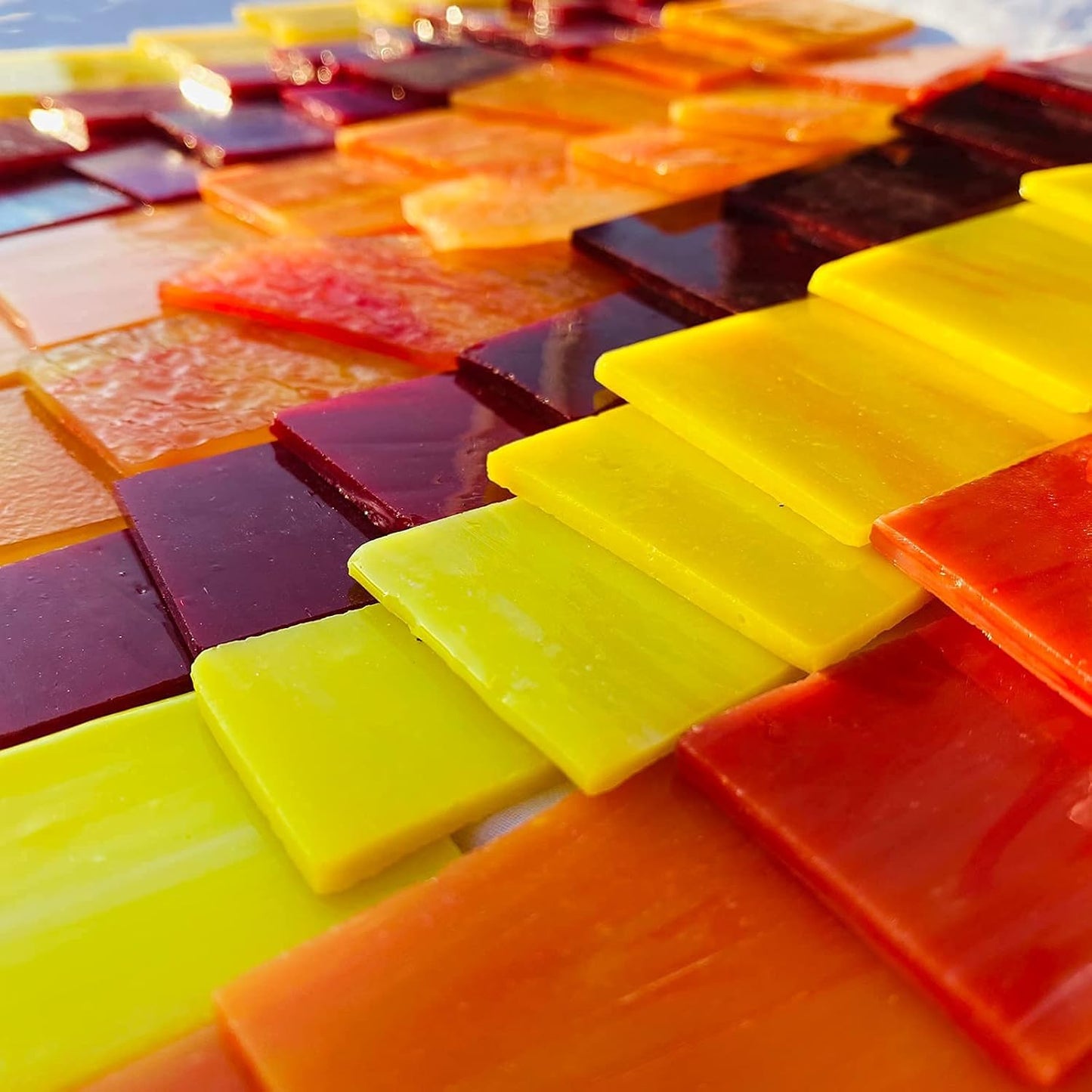 Stained Glass Scraps Sheets, Mosaic Tiles for Crafts, Glass Mosaic Pieces Supplies Kit, Mixed Red Orange Yellow Colors and Shapes, 35oz Value Pack