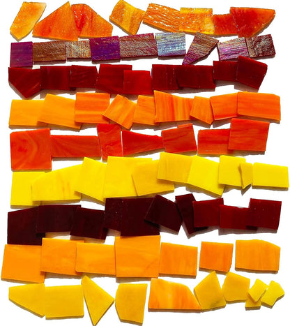 Stained Glass Scraps Sheets, Mosaic Tiles for Crafts, Glass Mosaic Pieces Supplies Kit, Mixed Red Orange Yellow Colors and Shapes, 35oz Value Pack