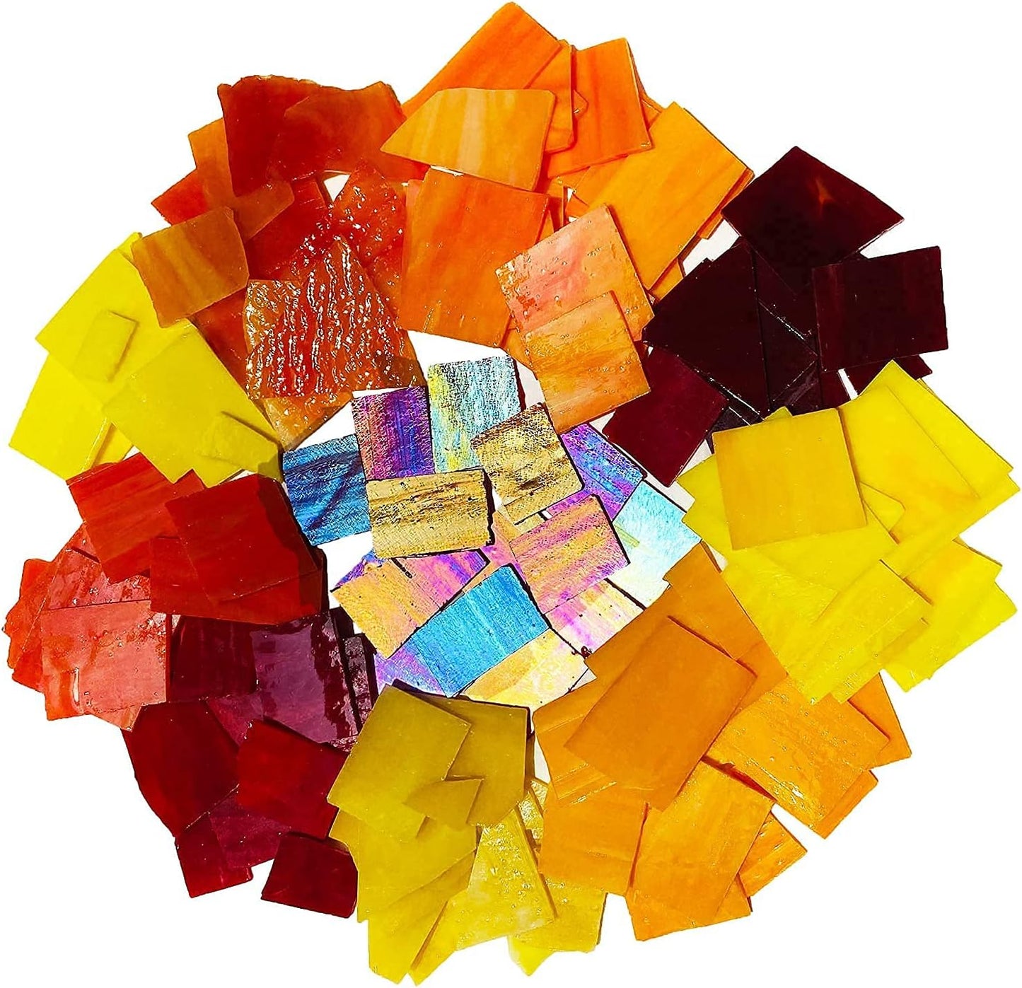 Stained Glass Scraps Sheets, Mosaic Tiles for Crafts, Glass Mosaic Pieces Supplies Kit, Mixed Red Orange Yellow Colors and Shapes, 35oz Value Pack