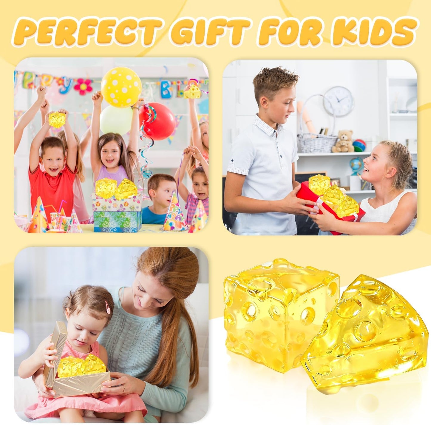 Yellow Cheese Squishy Toy for Adults & Kids, Slow Rising Sensory Sugar Squishy Stress Balls, Food-Themed Honey Cheese Cube Squishy Toys, Fidget Toy for Birthday, Office & Classroom