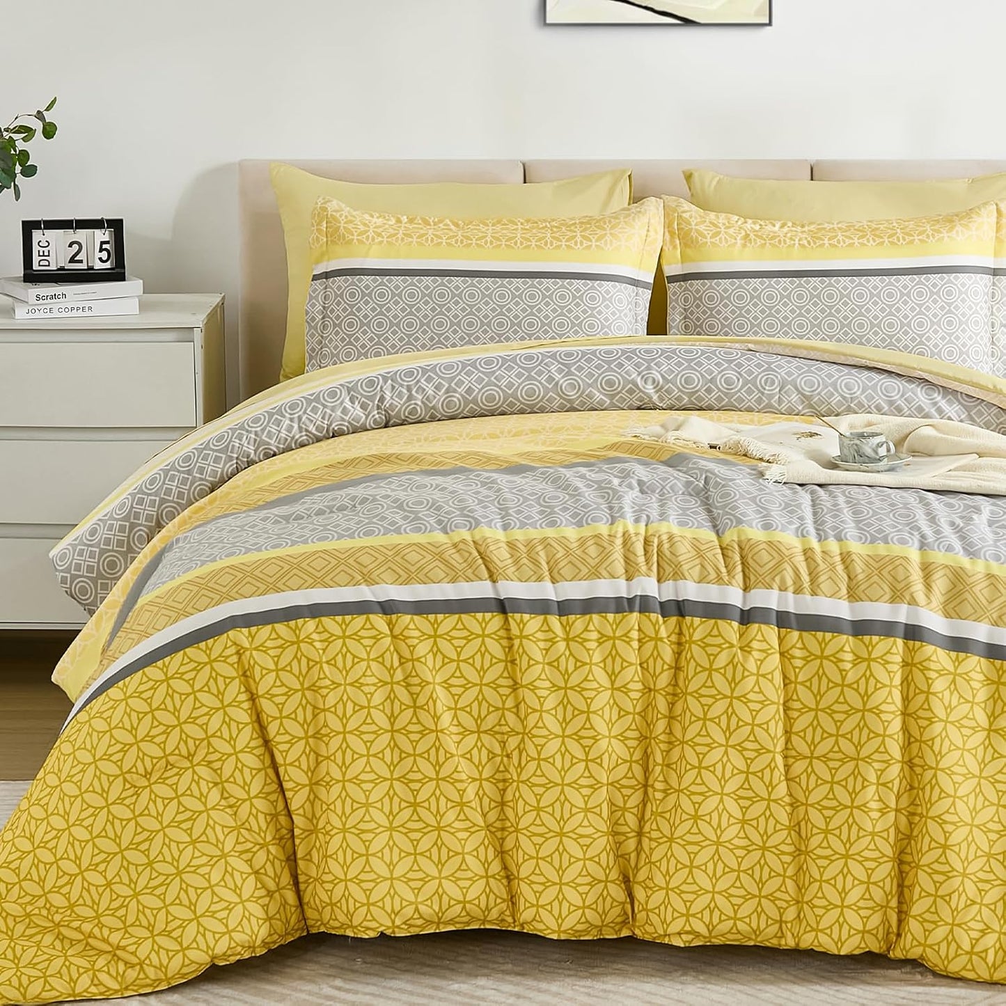 Yellow Comforter Set Queen Size, 7 Pieces Striped Bed in a Bag Comforter and Sheet Set, Bohemian Soft Lightweight Micorfiber Bedding Set for All Seaon (90"×90")