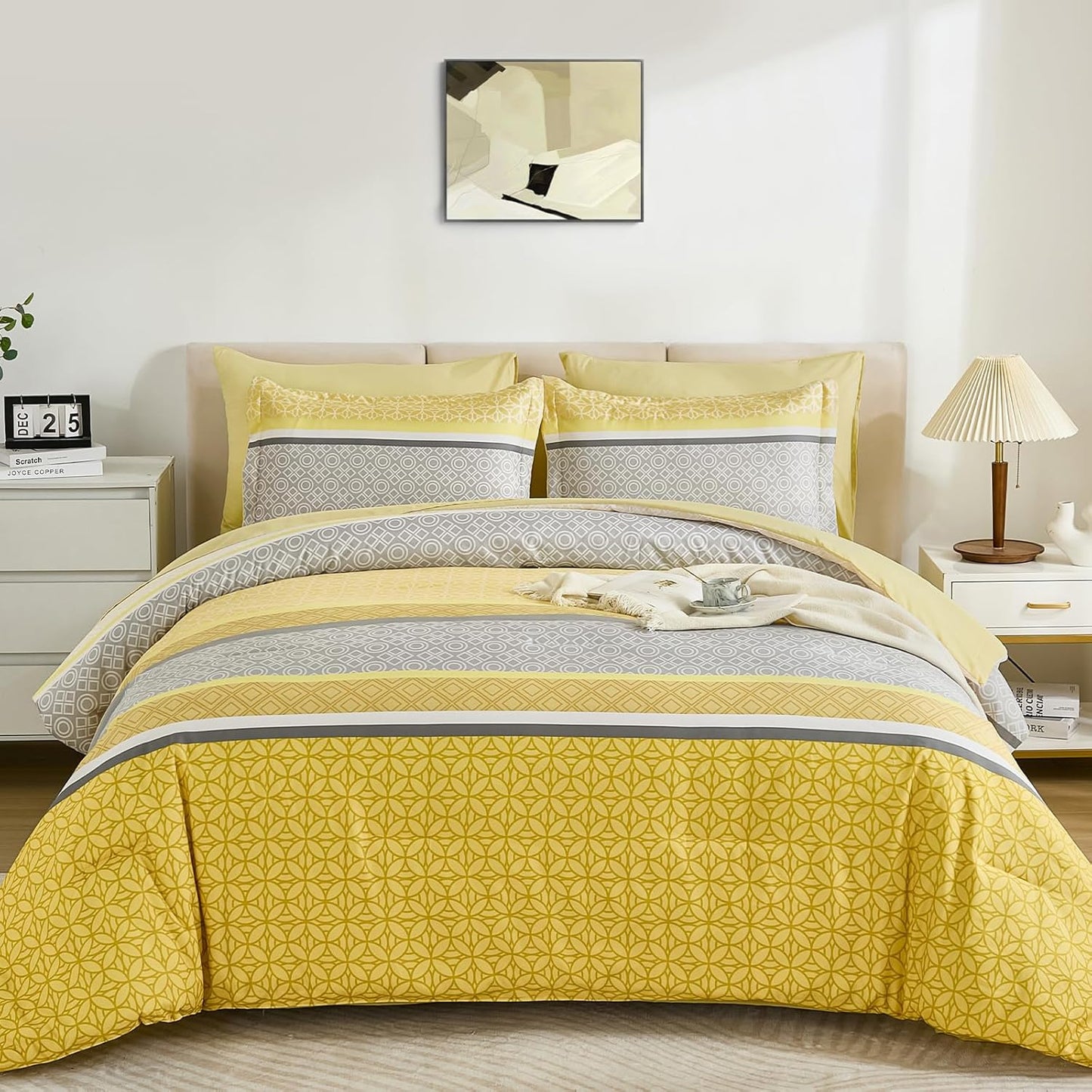 Yellow Comforter Set Queen Size, 7 Pieces Striped Bed in a Bag Comforter and Sheet Set, Bohemian Soft Lightweight Micorfiber Bedding Set for All Seaon (90"×90")