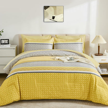 Yellow Comforter Set Queen Size, 7 Pieces Striped Bed in a Bag Comforter and Sheet Set, Bohemian Soft Lightweight Micorfiber Bedding Set for All Seaon (90"×90")