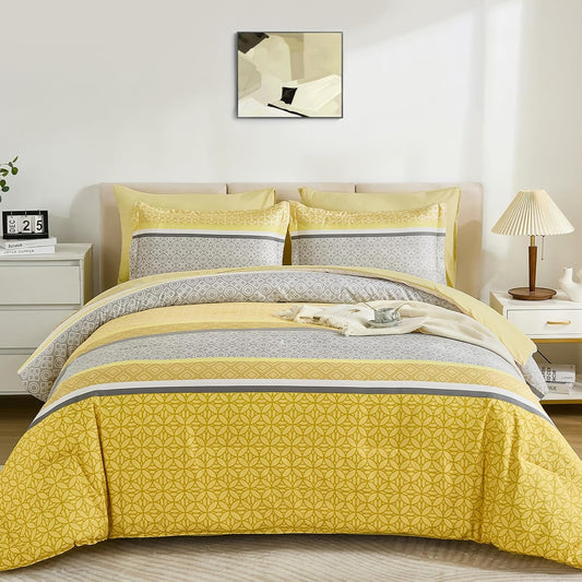 Yellow Comforter Set Queen Size, 7 Pieces Striped Bed in a Bag Comforter and Sheet Set, Bohemian Soft Lightweight Micorfiber Bedding Set for All Seaon (90"×90")