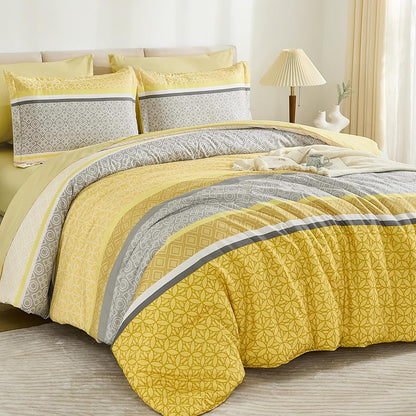 Yellow Comforter Set Queen Size, 7 Pieces Striped Bed in a Bag Comforter and Sheet Set, Bohemian Soft Lightweight Micorfiber Bedding Set for All Seaon (90"×90")
