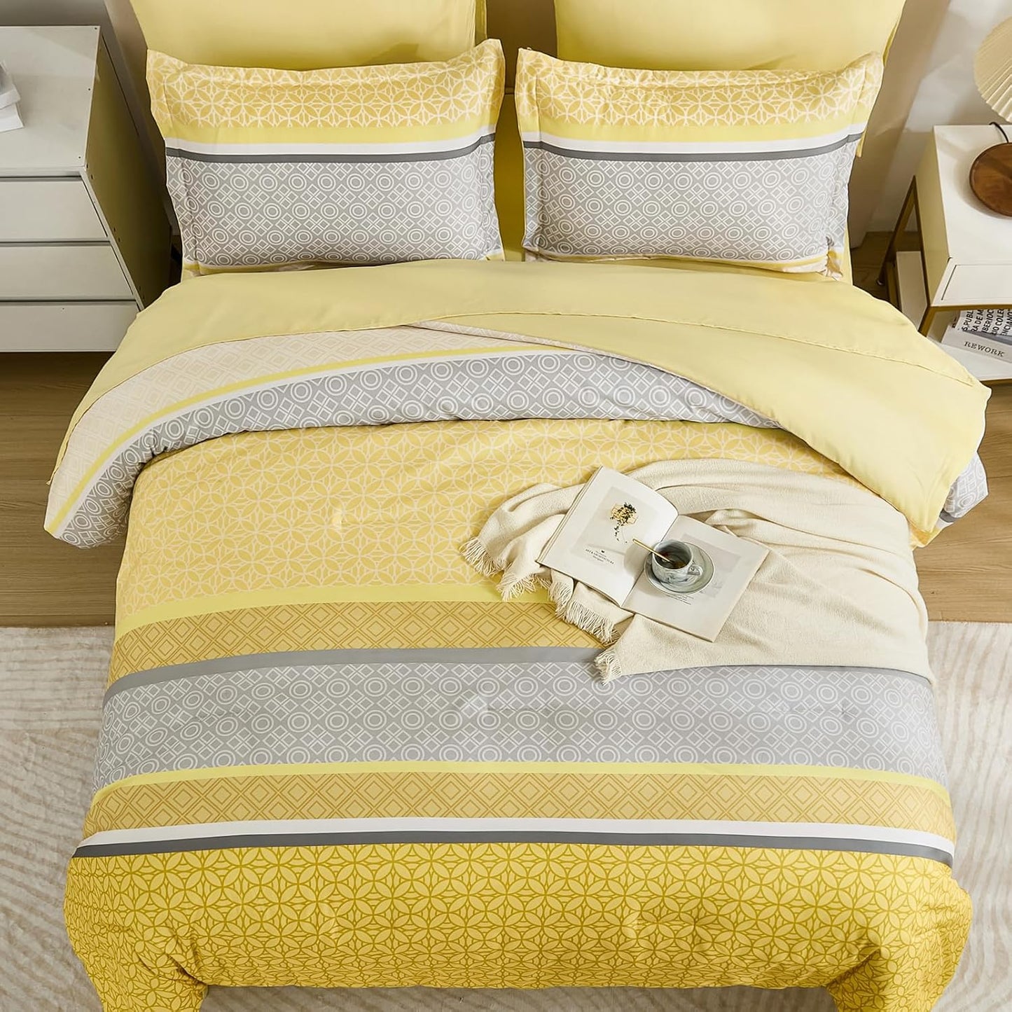 Yellow Comforter Set Queen Size, 7 Pieces Striped Bed in a Bag Comforter and Sheet Set, Bohemian Soft Lightweight Micorfiber Bedding Set for All Seaon (90"×90")