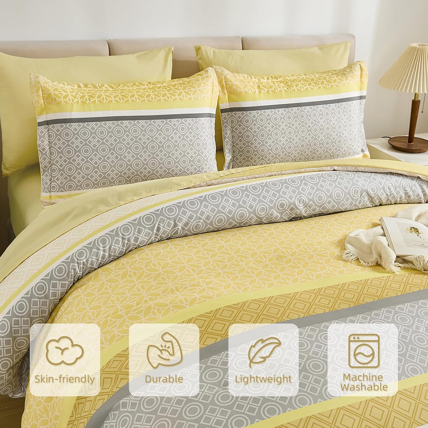Yellow Comforter Set Queen Size, 7 Pieces Striped Bed in a Bag Comforter and Sheet Set, Bohemian Soft Lightweight Micorfiber Bedding Set for All Seaon (90"×90")