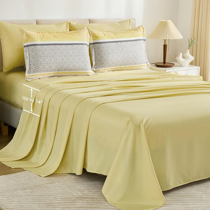 Yellow Comforter Set Queen Size, 7 Pieces Striped Bed in a Bag Comforter and Sheet Set, Bohemian Soft Lightweight Micorfiber Bedding Set for All Seaon (90"×90")