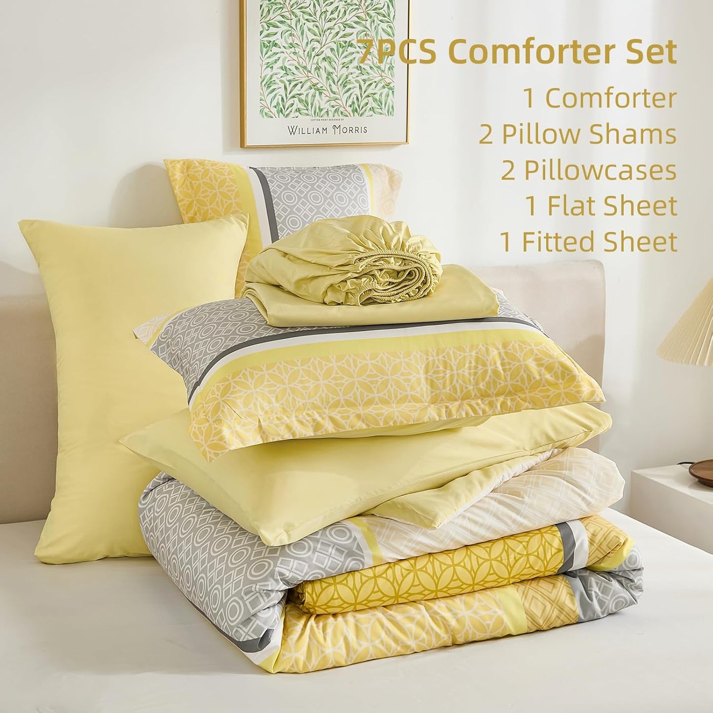 Yellow Comforter Set Queen Size, 7 Pieces Striped Bed in a Bag Comforter and Sheet Set, Bohemian Soft Lightweight Micorfiber Bedding Set for All Seaon (90"×90")