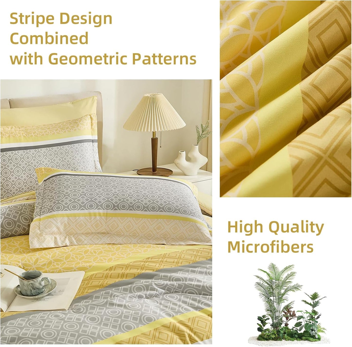 Yellow Comforter Set Queen Size, 7 Pieces Striped Bed in a Bag Comforter and Sheet Set, Bohemian Soft Lightweight Micorfiber Bedding Set for All Seaon (90"×90")