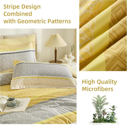 Yellow Comforter Set Queen Size, 7 Pieces Striped Bed in a Bag Comforter and Sheet Set, Bohemian Soft Lightweight Micorfiber Bedding Set for All Seaon (90"×90")