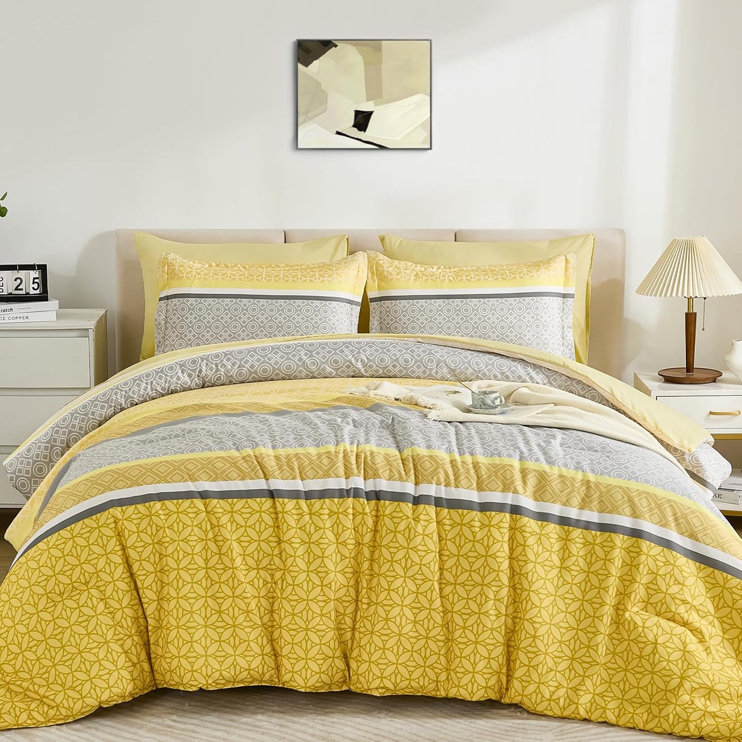 Yellow Comforter Set Queen Size, 7 Pieces Striped Bed in a Bag Comforter and Sheet Set, Bohemian Soft Lightweight Micorfiber Bedding Set for All Seaon (90"×90")