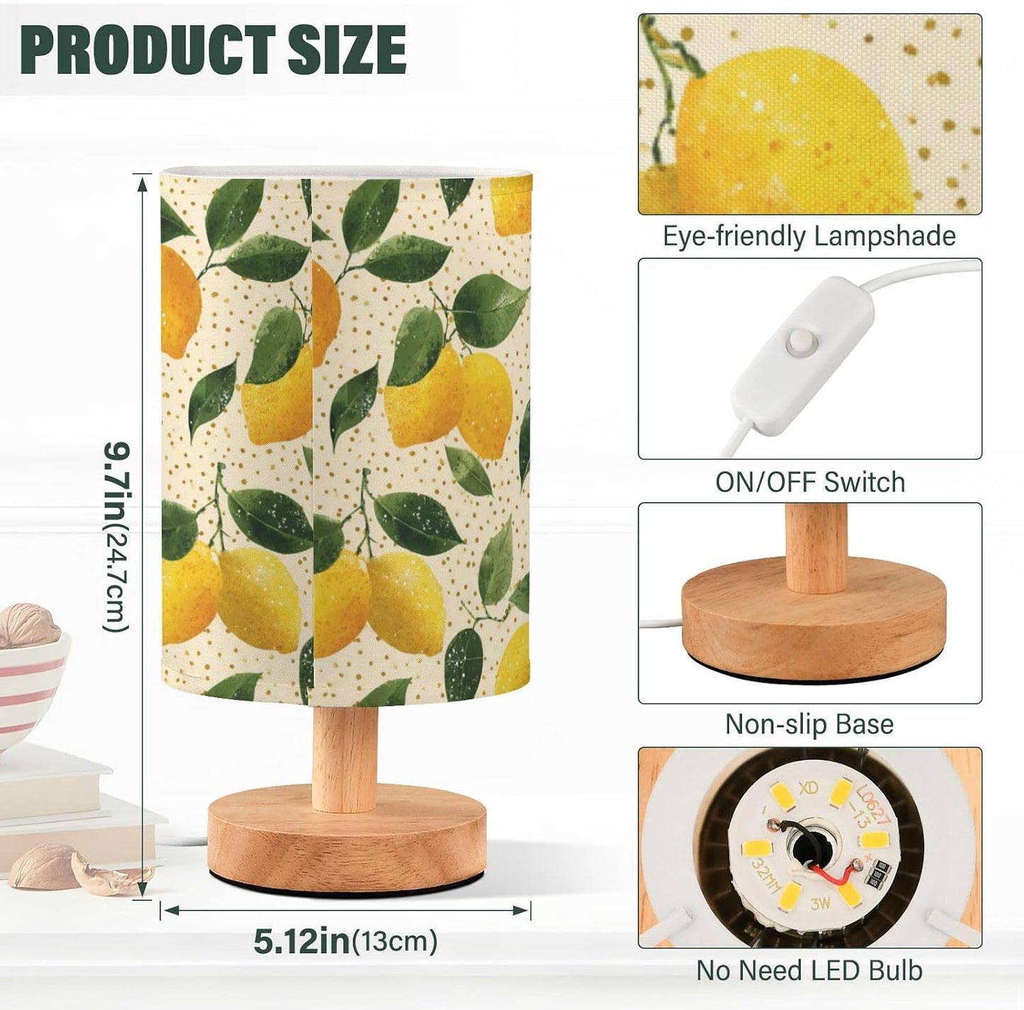 Bedside Table Lamp Lemon Yellow Citrus Fruits (22) Kids Nightstand Lamp Night Light Fabric Shade for Bedroom Living Room Home Office