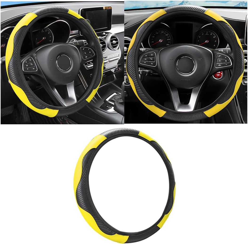 15 Inch Carbon Fiber PU Leather Steering Wheel Cover, Yellow | full-wrap protective surface, flexible ringless design, hand-stretch setup, fits matching rim sizes, automotive accessories