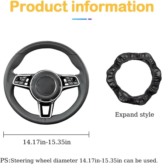15 Inch Carbon Fiber PU Leather Steering Wheel Cover, Yellow | full-wrap protective surface, flexible ringless design, hand-stretch setup, fits matching rim sizes, automotive accessories