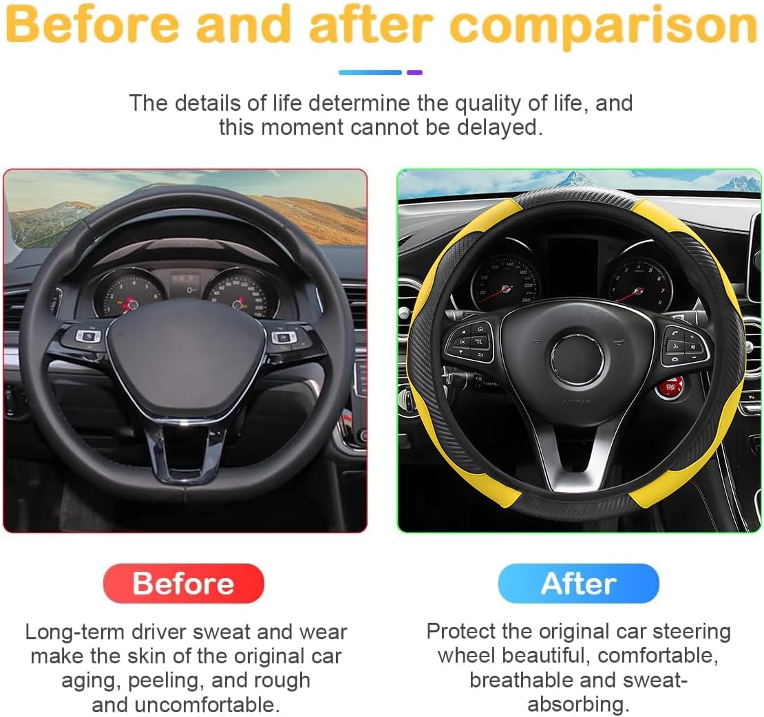 15 Inch Carbon Fiber PU Leather Steering Wheel Cover, Yellow | full-wrap protective surface, flexible ringless design, hand-stretch setup, fits matching rim sizes, automotive accessories