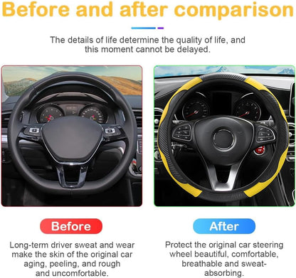 15 Inch Carbon Fiber PU Leather Steering Wheel Cover, Yellow | full-wrap protective surface, flexible ringless design, hand-stretch setup, fits matching rim sizes, automotive accessories
