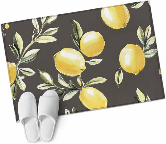 2x3 Vintage Lemon Area Rug for Bathroom Entryway, Washable Low Pile Non Slip Rug Green Leaf Yellow Lemon Summer Plant