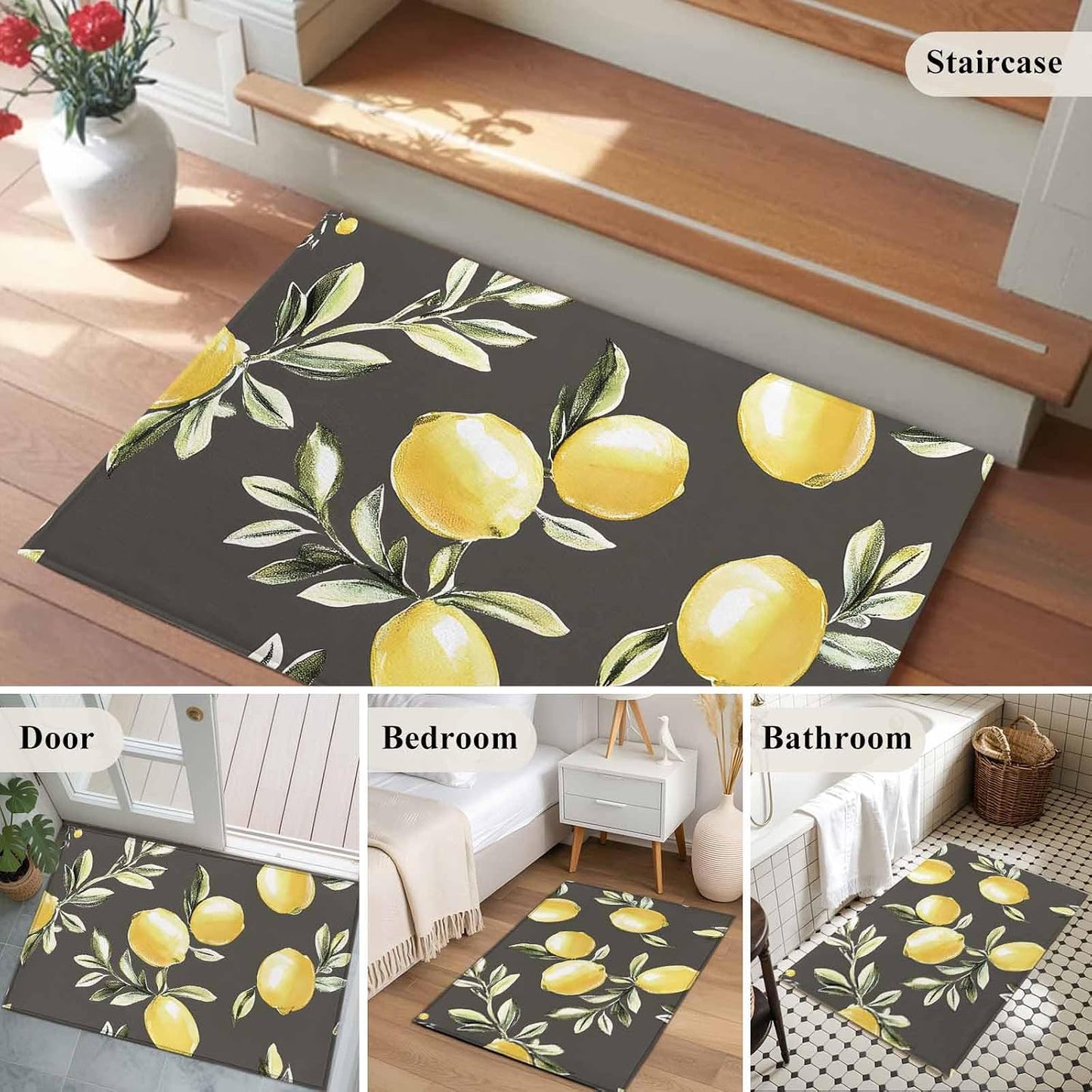 2x3 Vintage Lemon Area Rug for Bathroom Entryway, Washable Low Pile Non Slip Rug Green Leaf Yellow Lemon Summer Plant